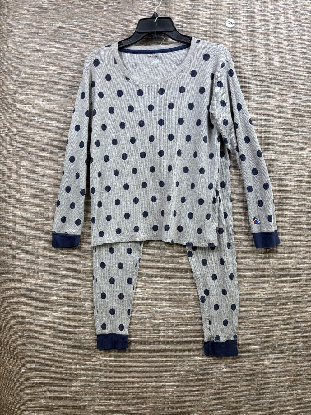 Champion Pajama Set Womens Medium Gray Polka Dot Waffle Knit Sleepwear